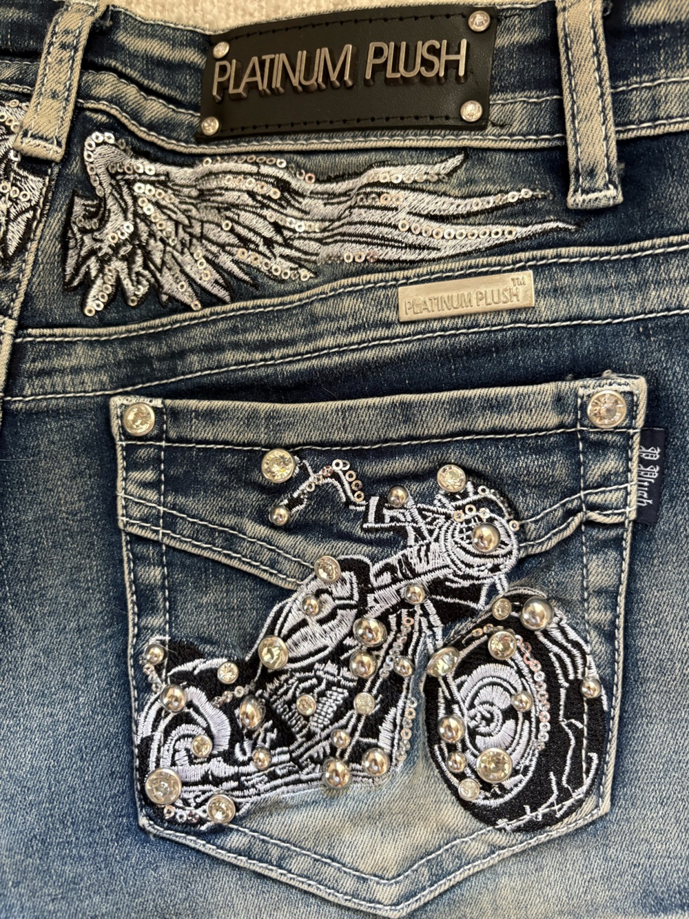 Platinum Plush Vintage Y2K Motorcycle Embroidered Wing Denim Studded MiniShorts